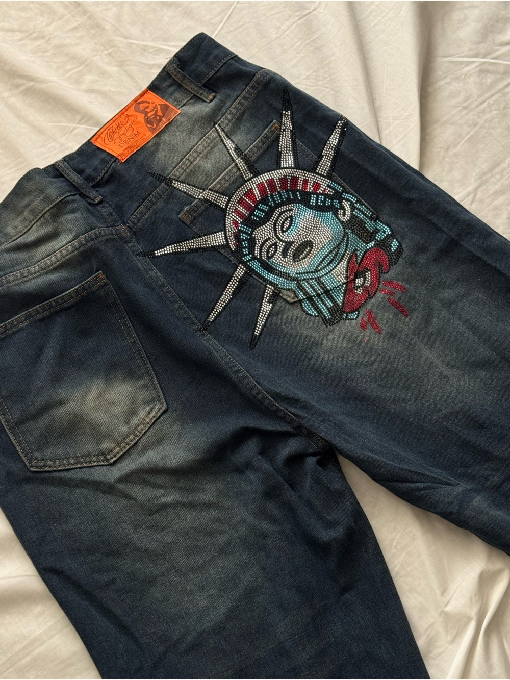 Vintage Y2K Christian Audigier Men’s M Rhinestone Statue of Liberty Baggy Jeans